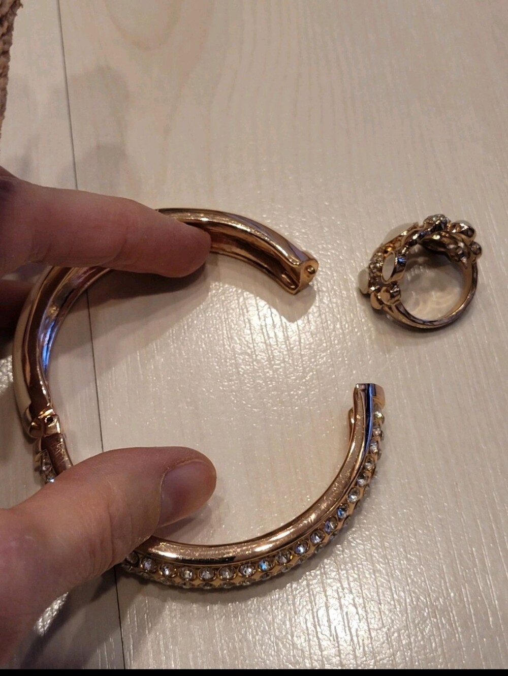 Rose Gold Colored Rhinestone Cream Bangle & Ring Set - Picture 5 of 6